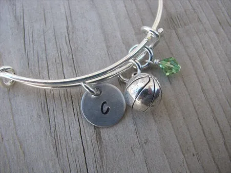 Basketball Charm Bracelet -Adjustable Bangle Bracelet with an Initial Charm and an Accent Bead of your choice