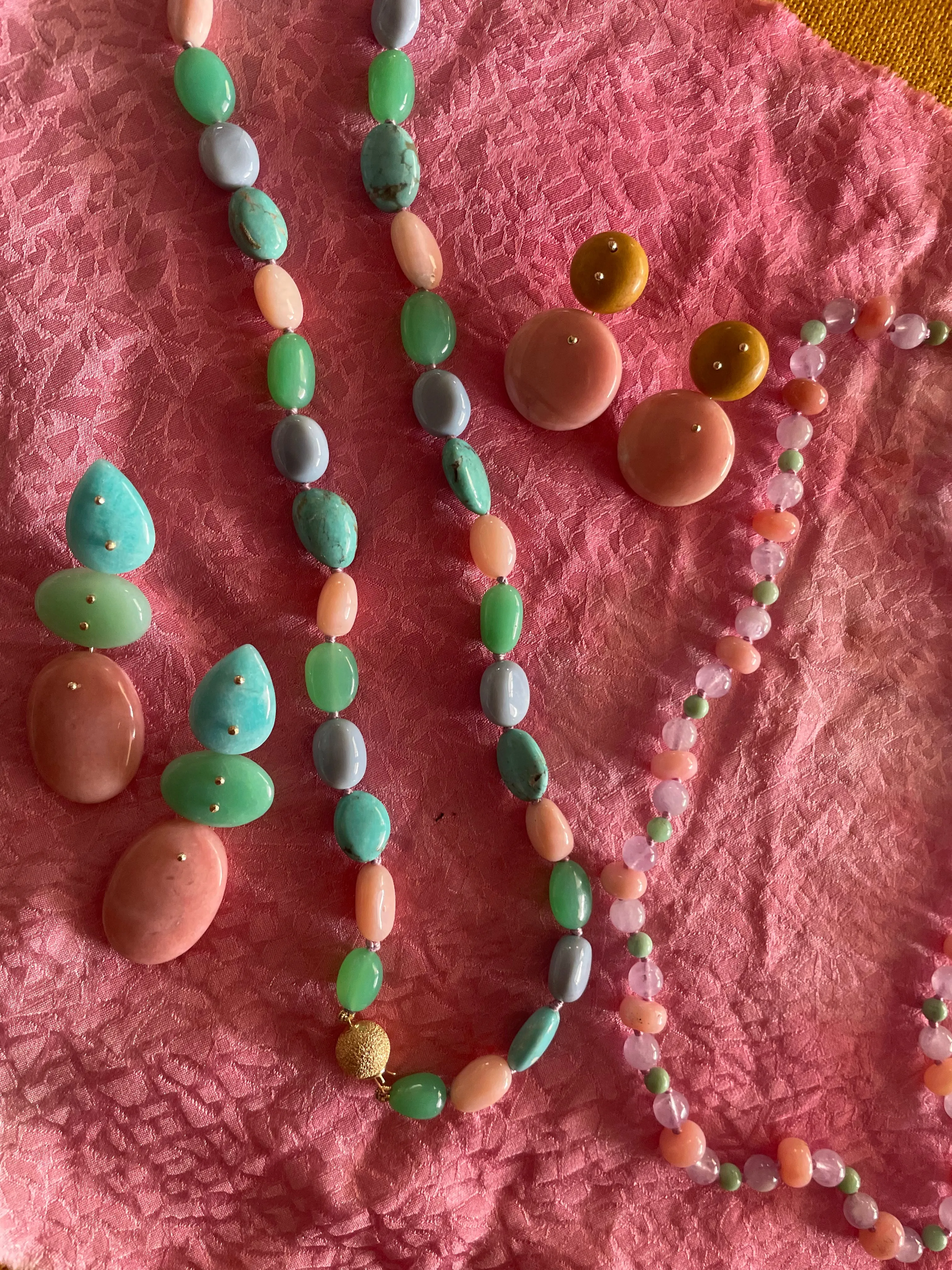 Beaded Nuggets Pink Opal, Turquoise, Chalcedony and Chrysoprase Necklace