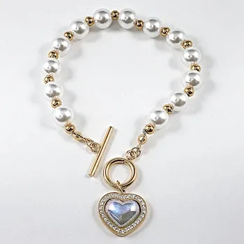 Beautiful Pearl Dangle Moon Stone Heart Charm Gold Tone Steel Bracelet