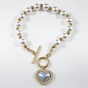 Beautiful Pearl Dangle Moon Stone Heart Charm Gold Tone Steel Bracelet