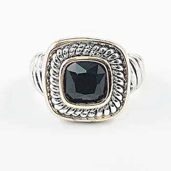 Beautiful Square Shape Center Black Onyx Cable Textured Brass Ring