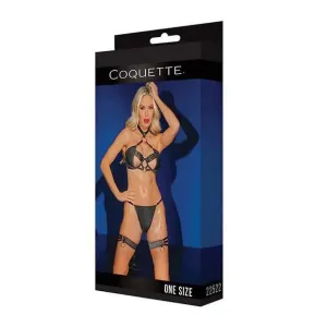 Black Label Adjustable Choker Bra, G-string & Leg Garters Set by Coquette