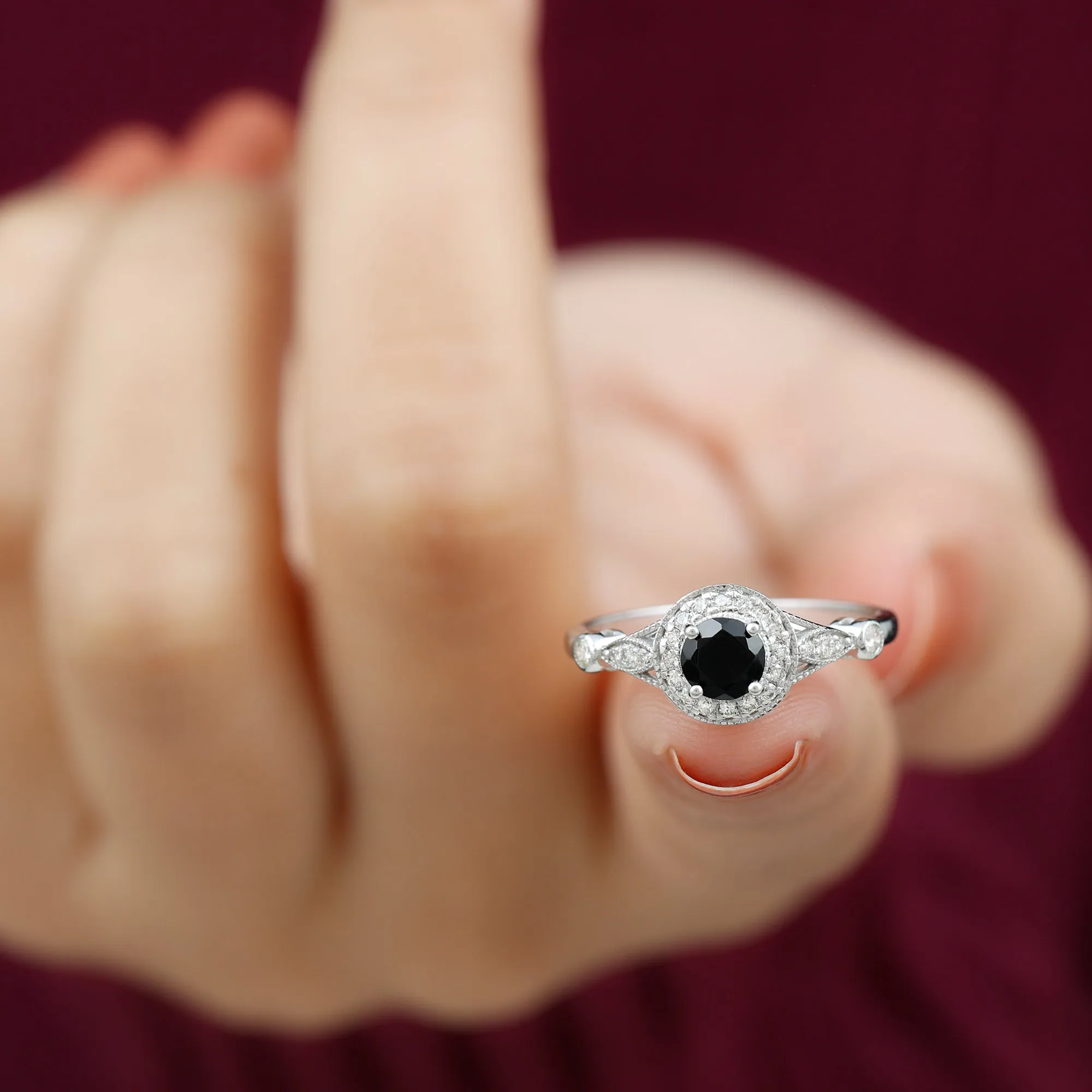 Black Onyx and Diamond Antique Style Engagement Ring in Gold