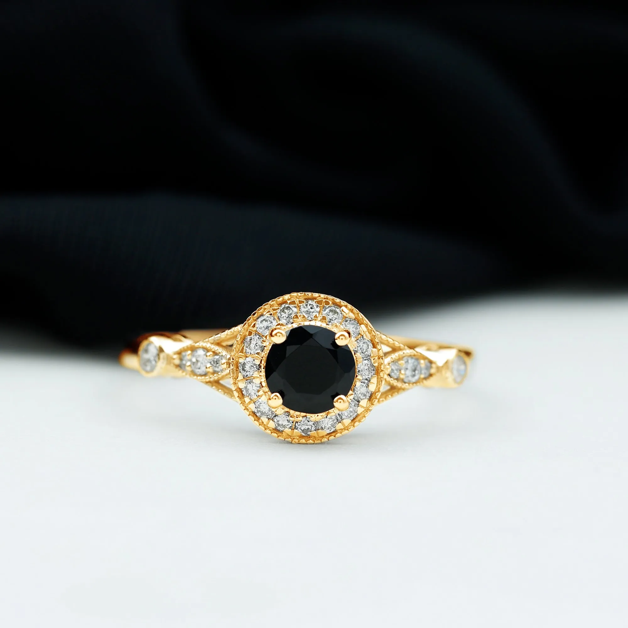 Black Onyx and Diamond Antique Style Engagement Ring in Gold