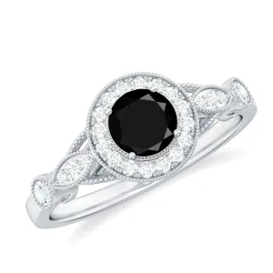 Black Onyx and Diamond Antique Style Engagement Ring in Gold
