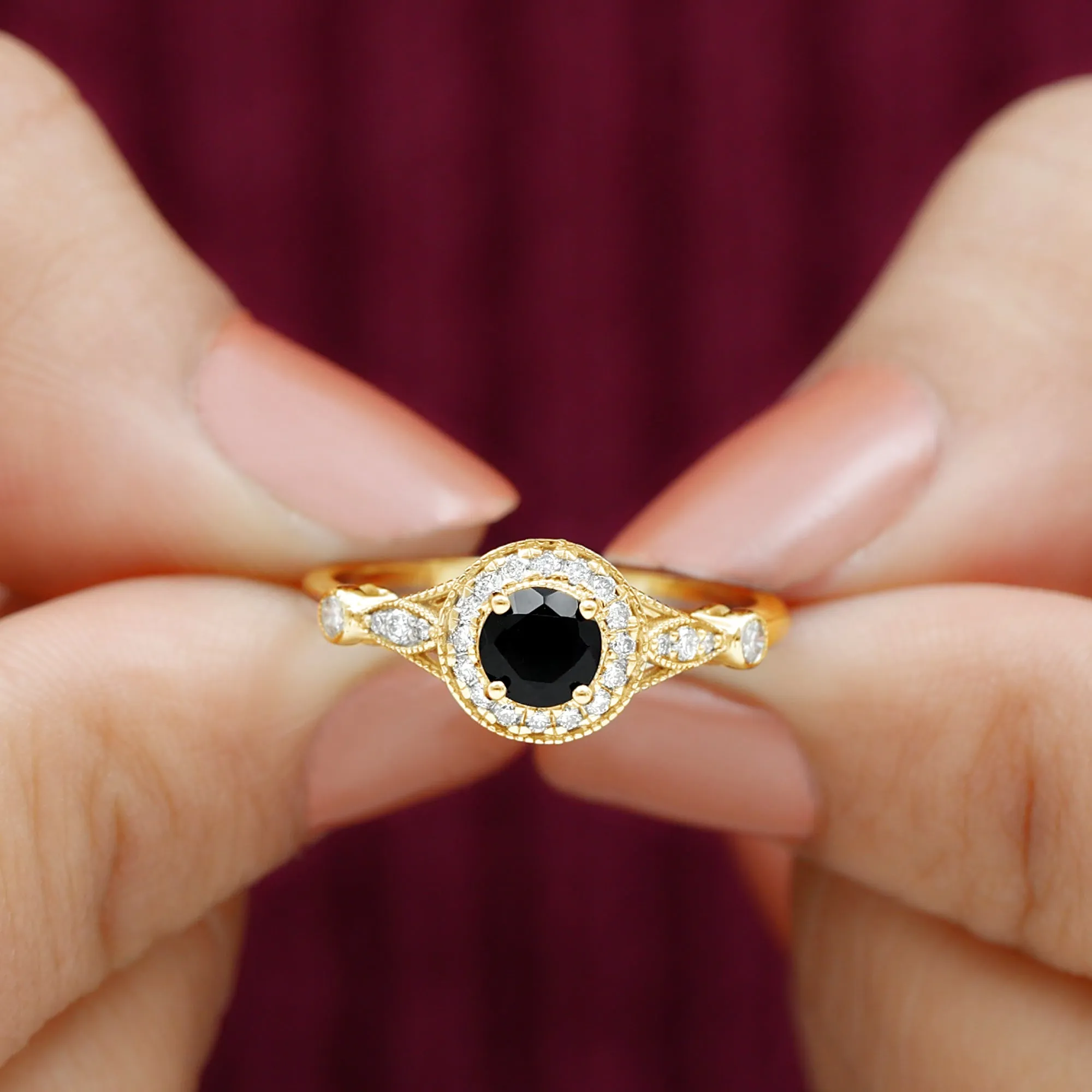 Black Onyx and Diamond Antique Style Engagement Ring in Gold