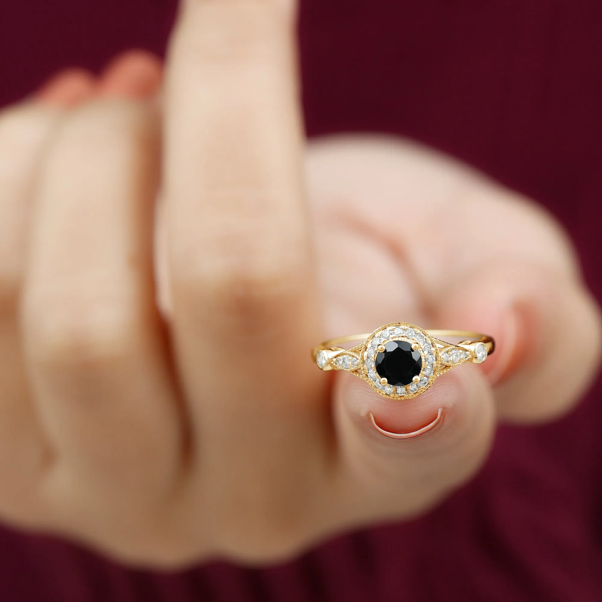 Black Onyx and Diamond Antique Style Engagement Ring in Gold
