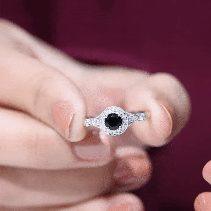 Black Onyx and Diamond Antique Style Engagement Ring in Gold