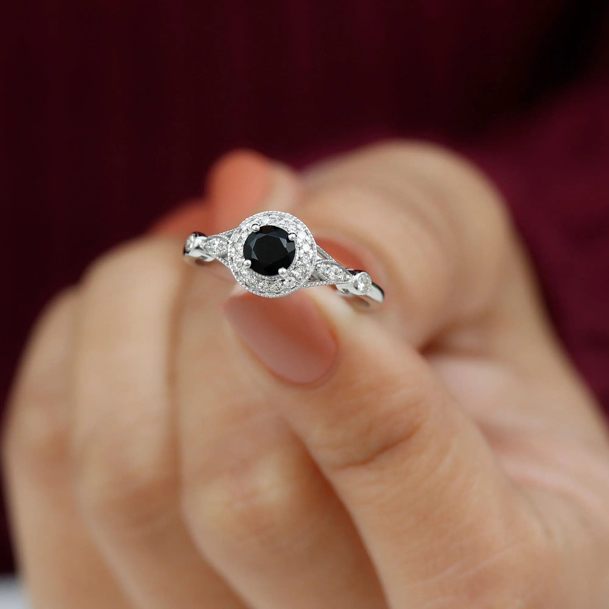 Black Onyx and Diamond Antique Style Engagement Ring in Gold