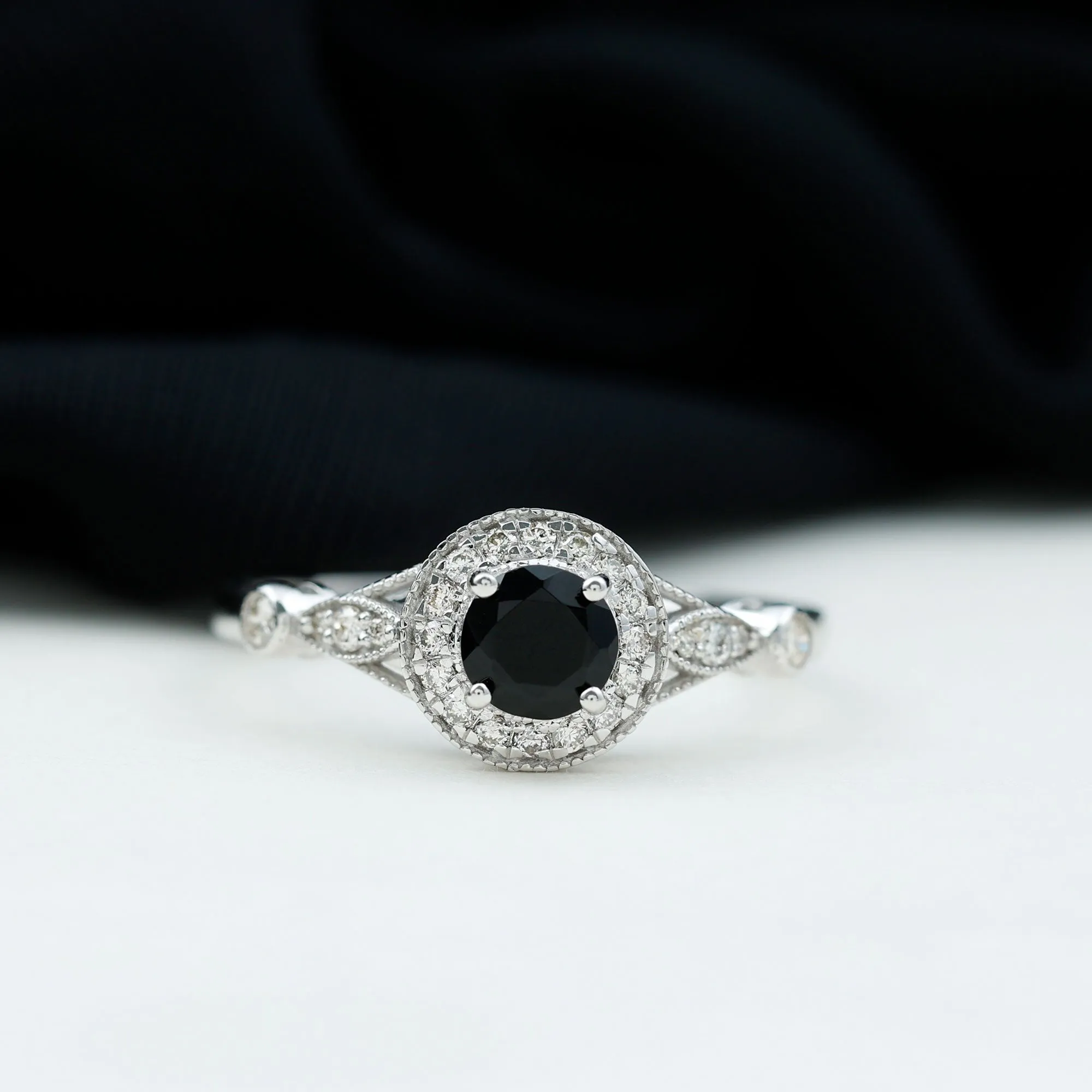Black Onyx and Diamond Antique Style Engagement Ring in Gold