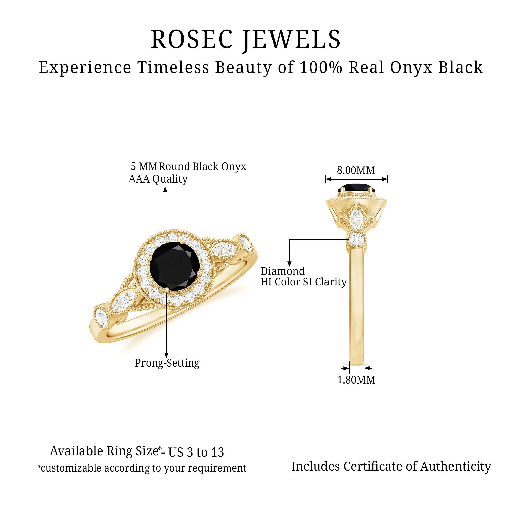 Black Onyx and Diamond Antique Style Engagement Ring in Gold