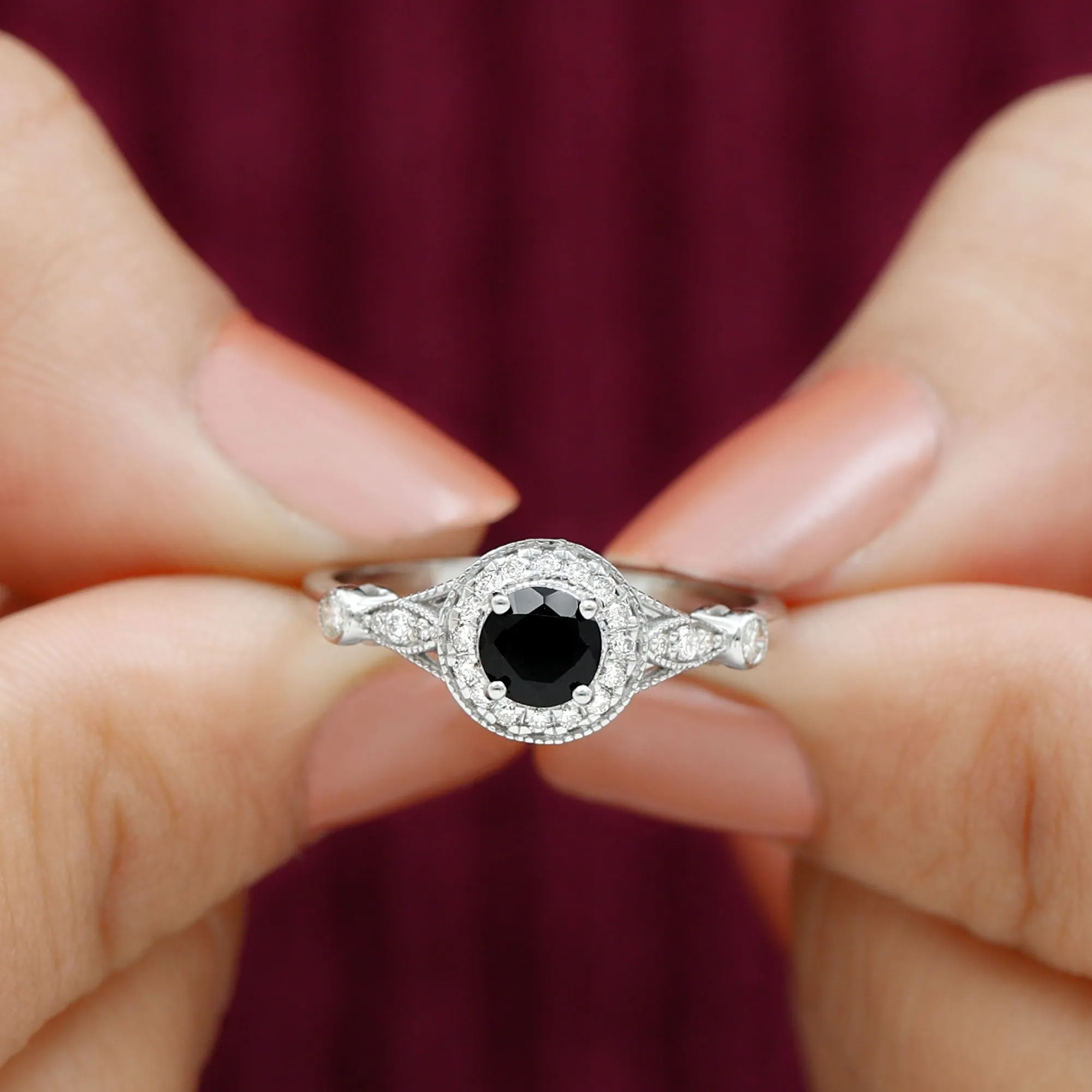 Black Onyx and Diamond Antique Style Engagement Ring in Gold