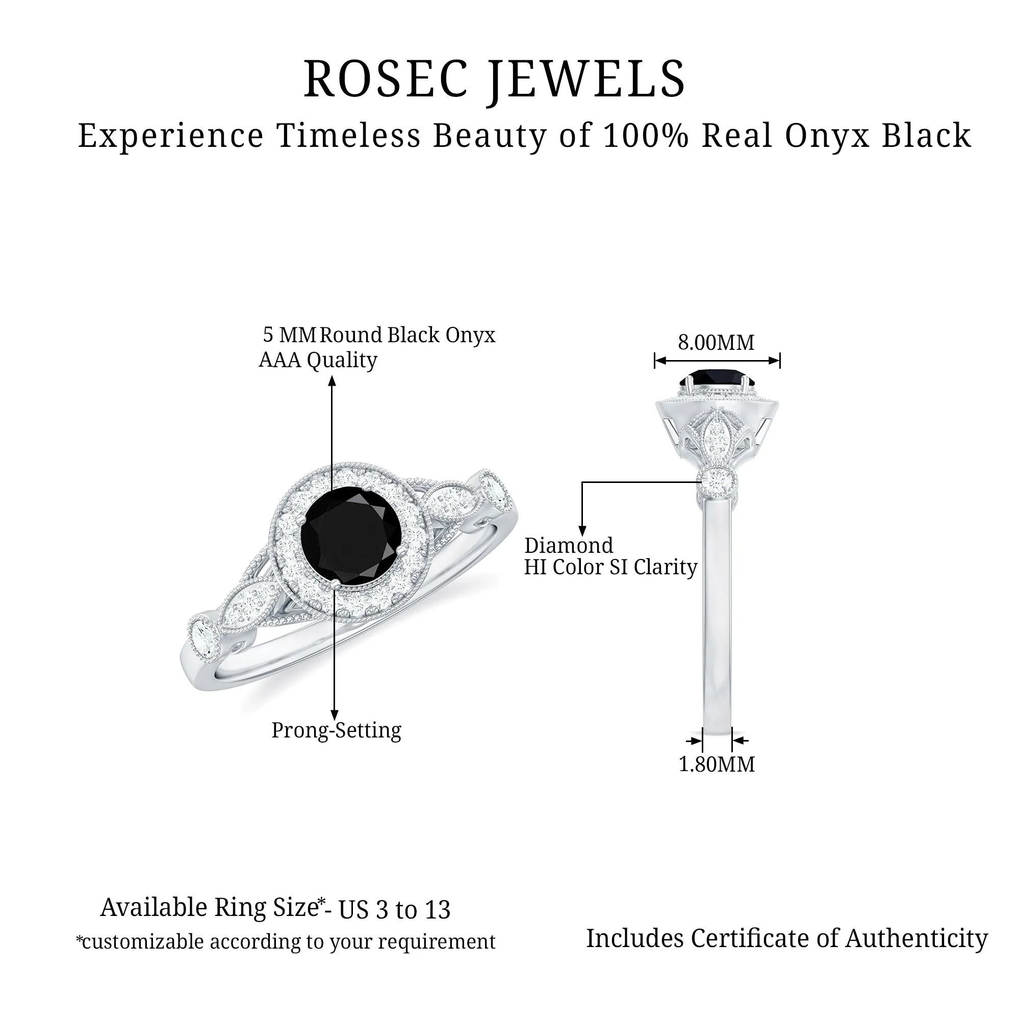 Black Onyx and Diamond Antique Style Engagement Ring in Gold
