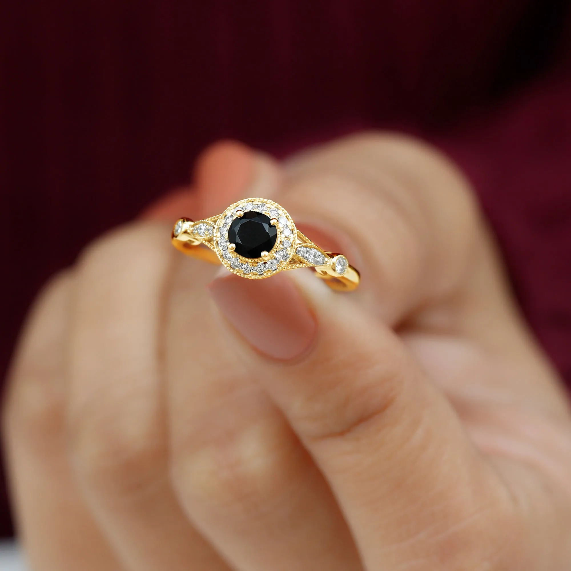 Black Onyx and Diamond Antique Style Engagement Ring in Gold
