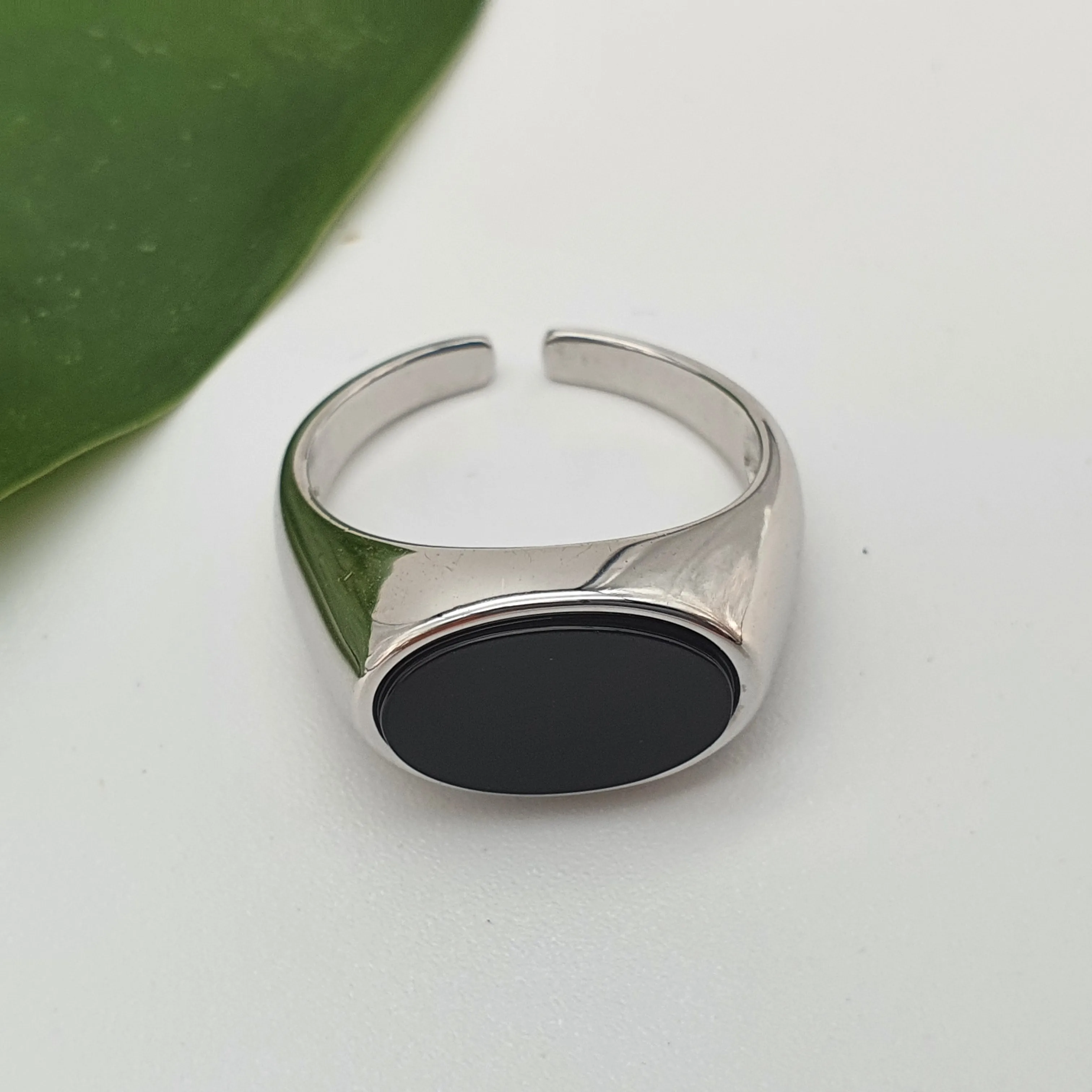 Black Oval Onyx Open Ring, Sterling Silver