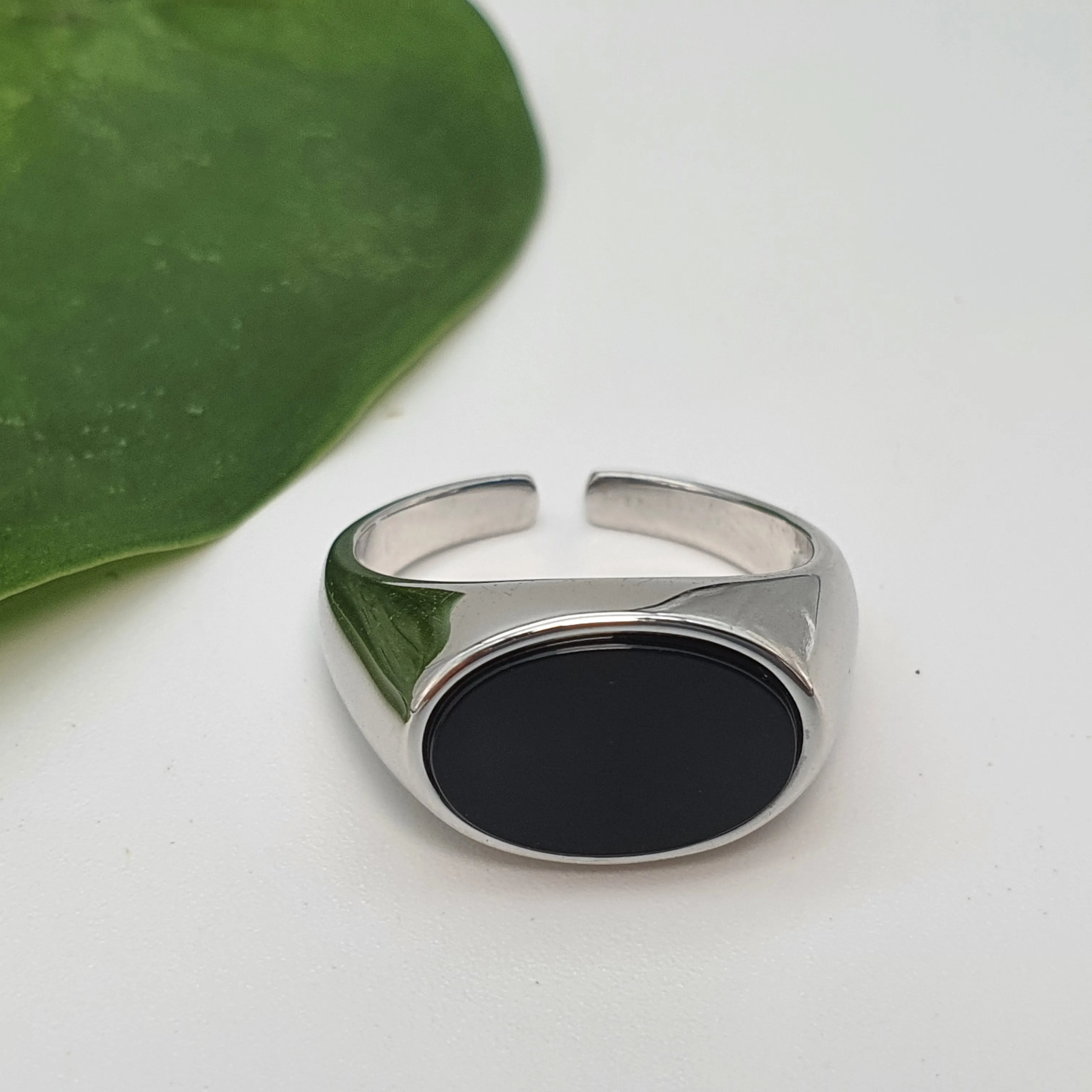 Black Oval Onyx Open Ring, Sterling Silver