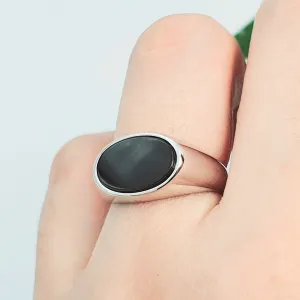Black Oval Onyx Open Ring, Sterling Silver