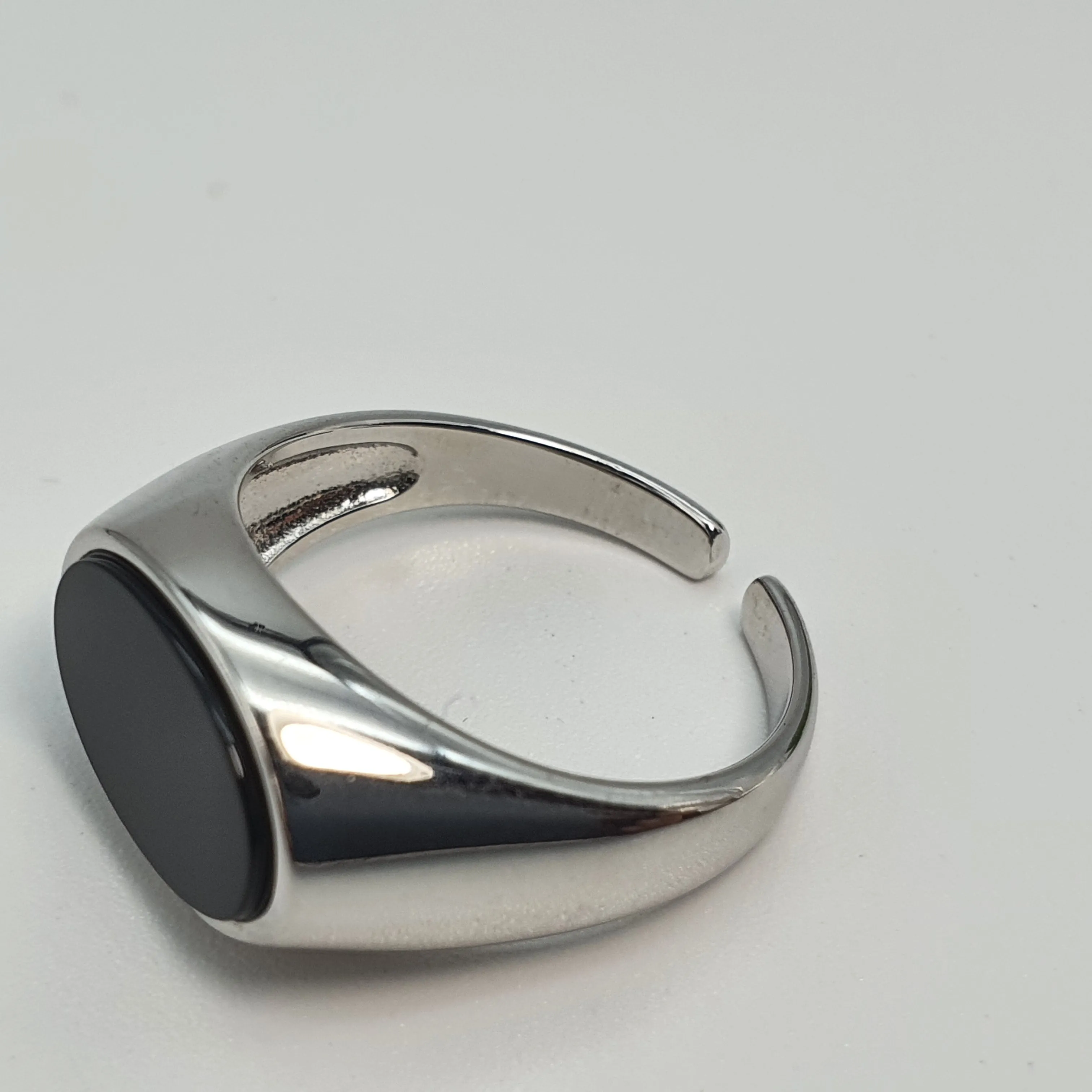 Black Oval Onyx Open Ring, Sterling Silver