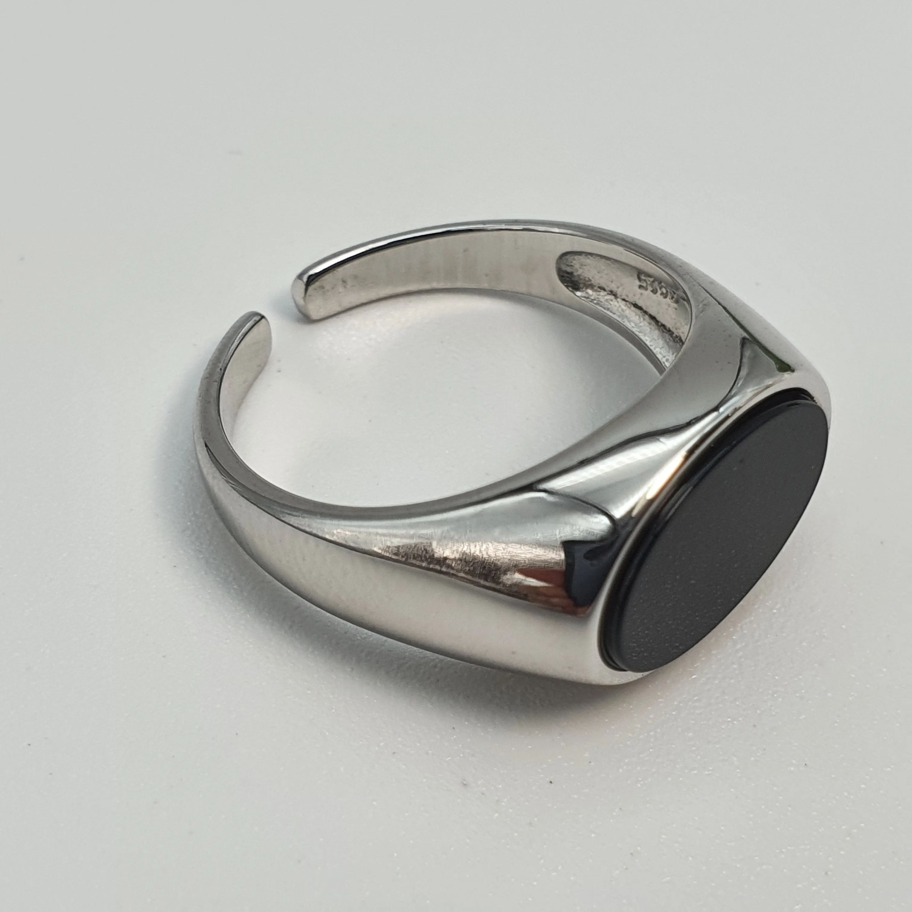 Black Oval Onyx Open Ring, Sterling Silver