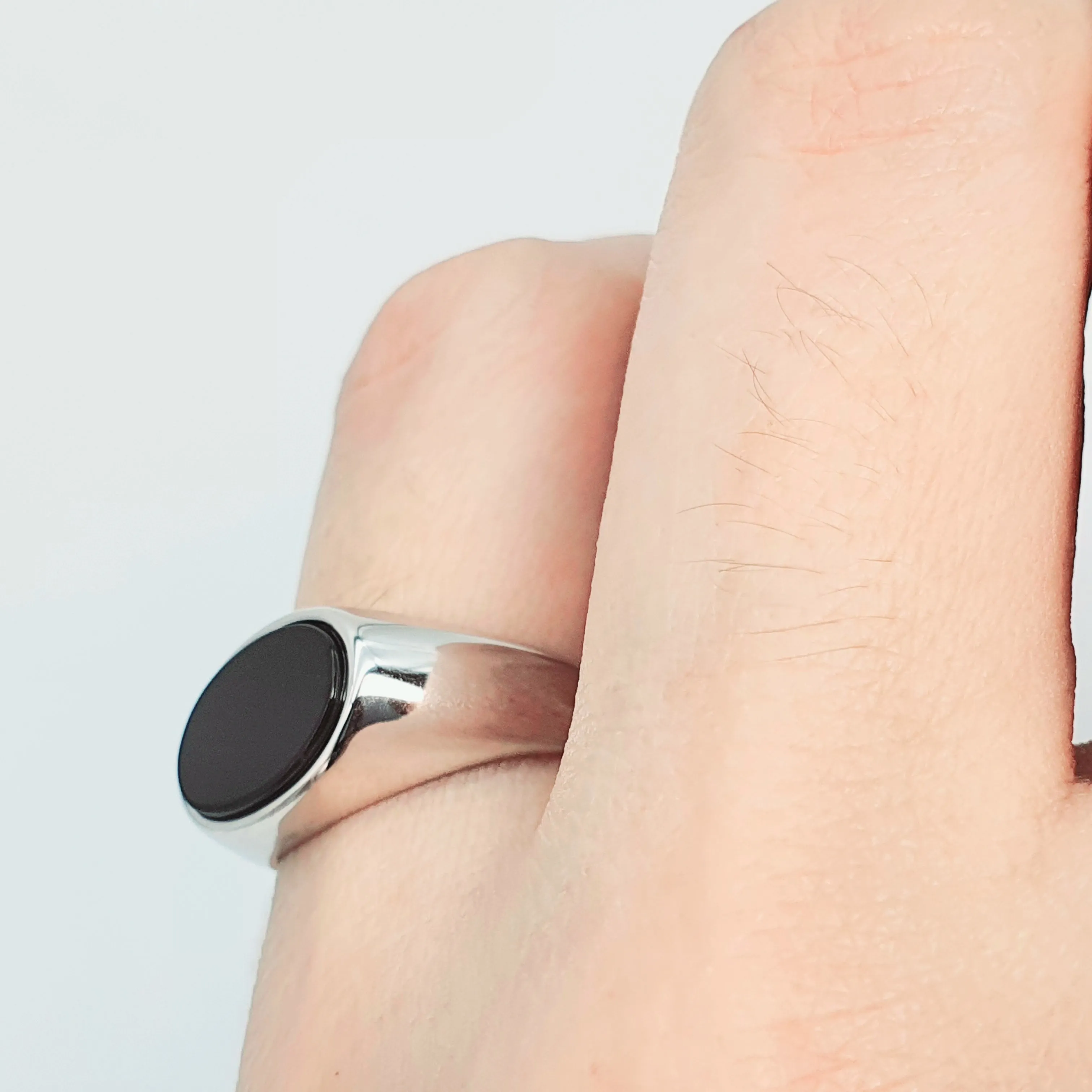 Black Oval Onyx Open Ring, Sterling Silver