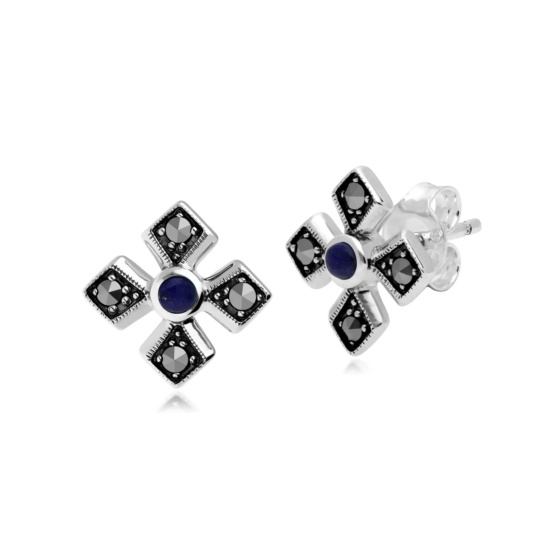 Boucles d'Oreilles Clou Croix Gothique Style Art Déco Argent 925 Lapis Lazuli et Marcassite