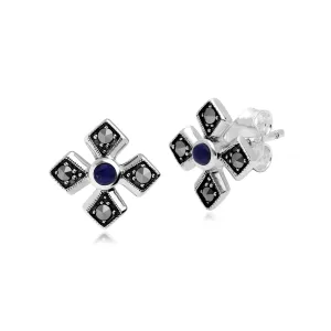 Boucles d'Oreilles Clou Croix Gothique Style Art Déco Argent 925 Lapis Lazuli et Marcassite