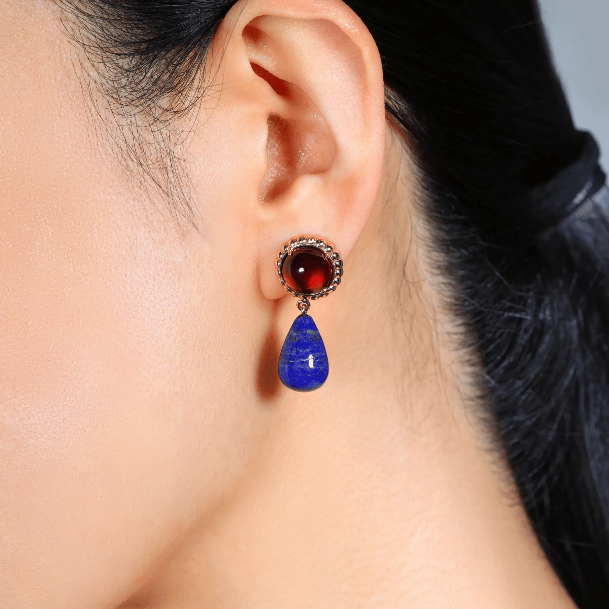 Cabochon Garnet & Lapis Briolette Drop Earrings