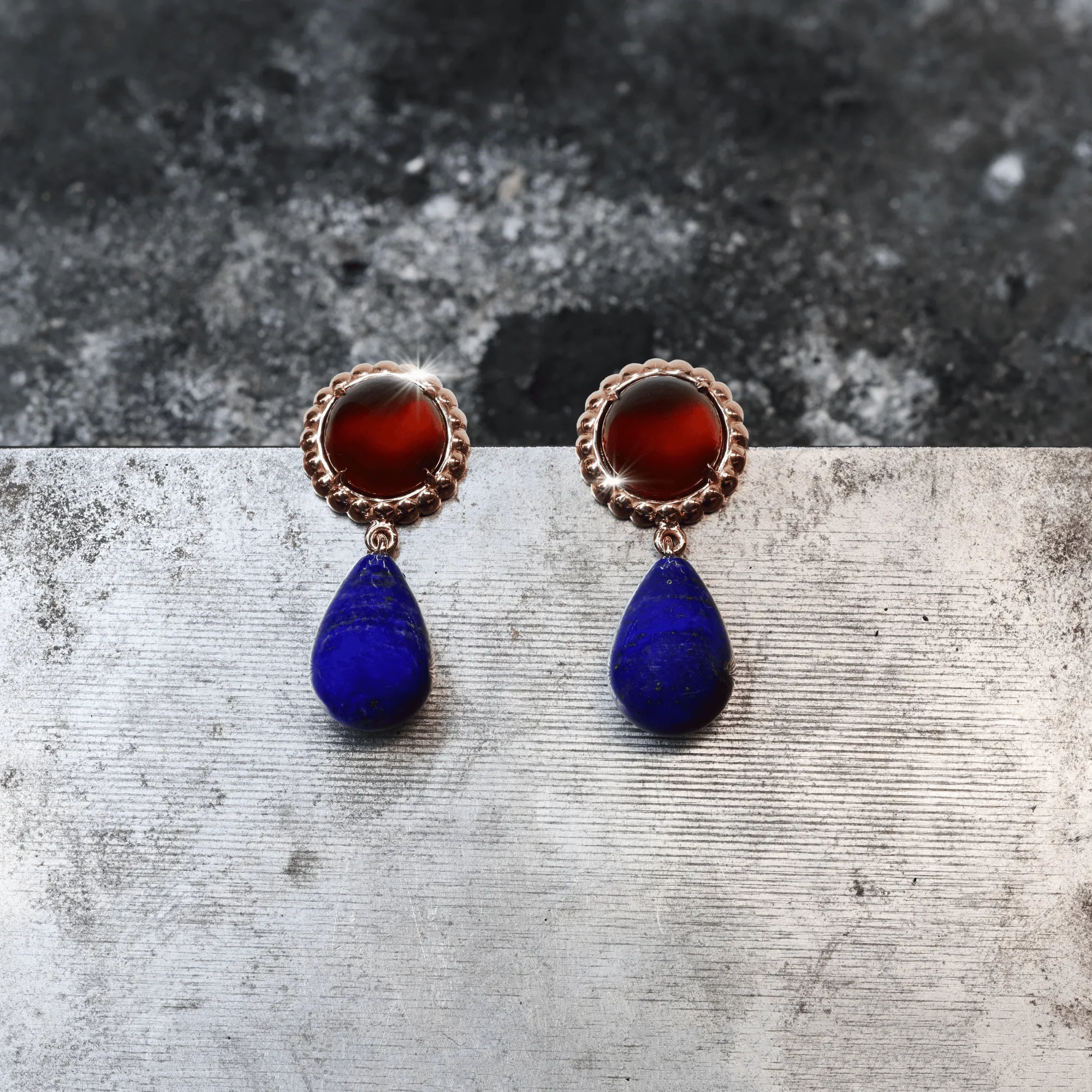 Cabochon Garnet & Lapis Briolette Drop Earrings