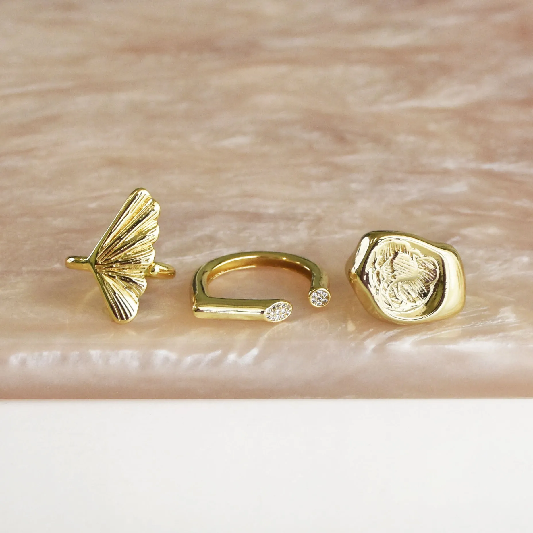 Chunky Leafy Gold Ring Stac