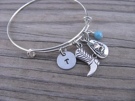 Cowgirl Charm Bracelet -Adjustable Bangle Bracelet with an Initial Charm and an Accent Bead of your choice