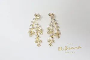 CZ Floral Three Vine Leaves Diamond Earrings, Long Bridal Earrings, Crystal Bridal Earrings, Statement Earrings, Gold Bride Earring.