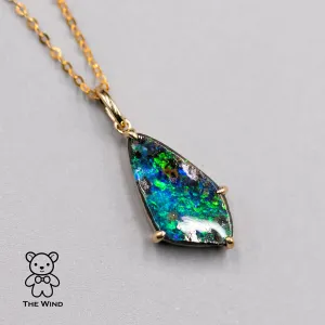 Diamond Shaped Australian Boulder Opal Pendant Necklace 18K Yellow Gold