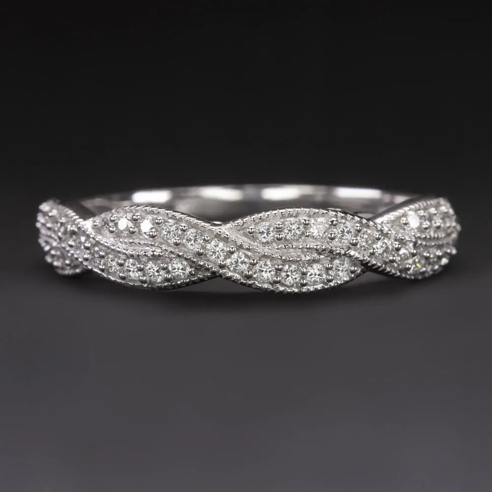 DIAMOND TWIST WEDDING BAND STACKING RING VINTAGE STYLE FILIGREE 14k WHITLE GOLD