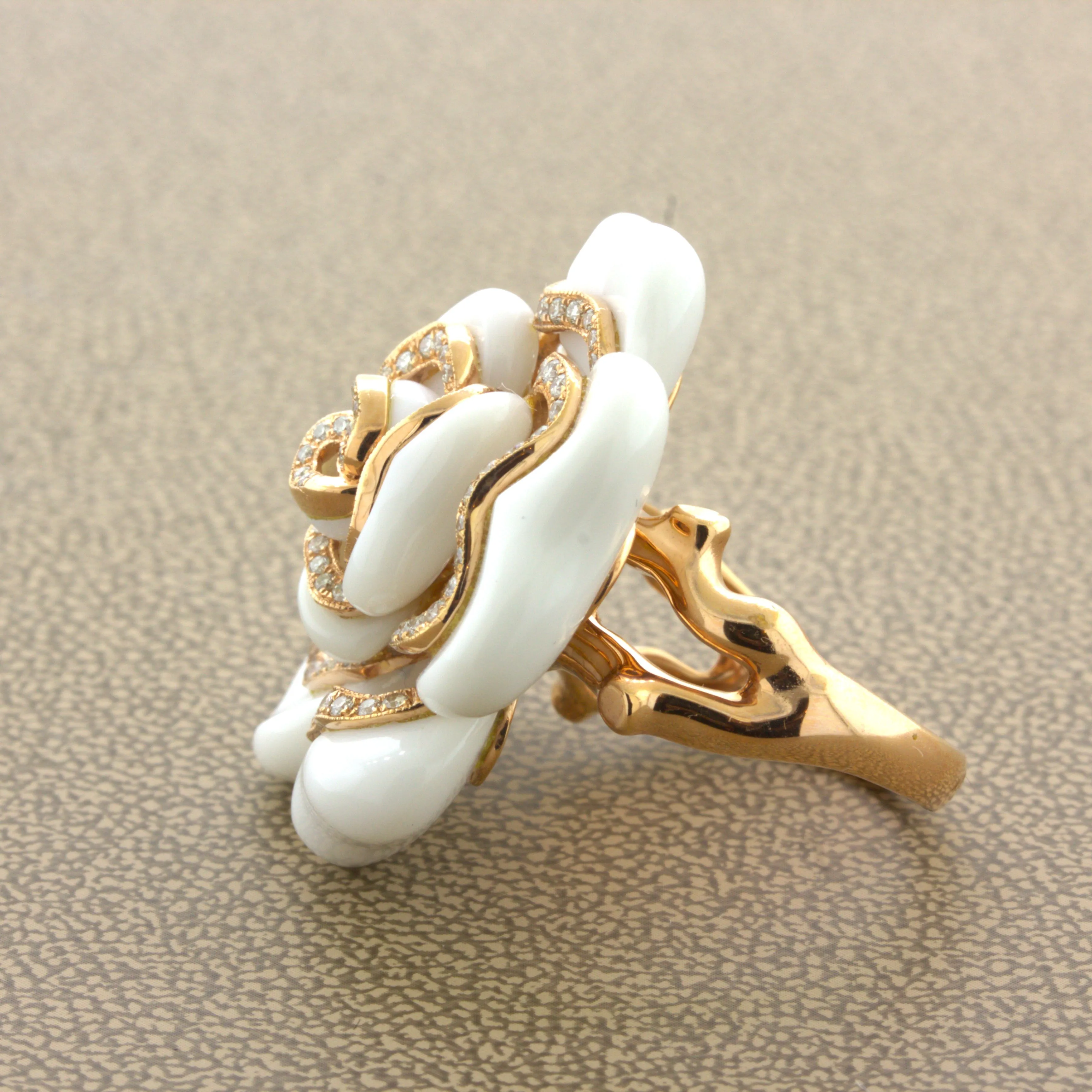 Diamond White-Onyx 18K Rose Gold Camellia Flower Cocktail Ring