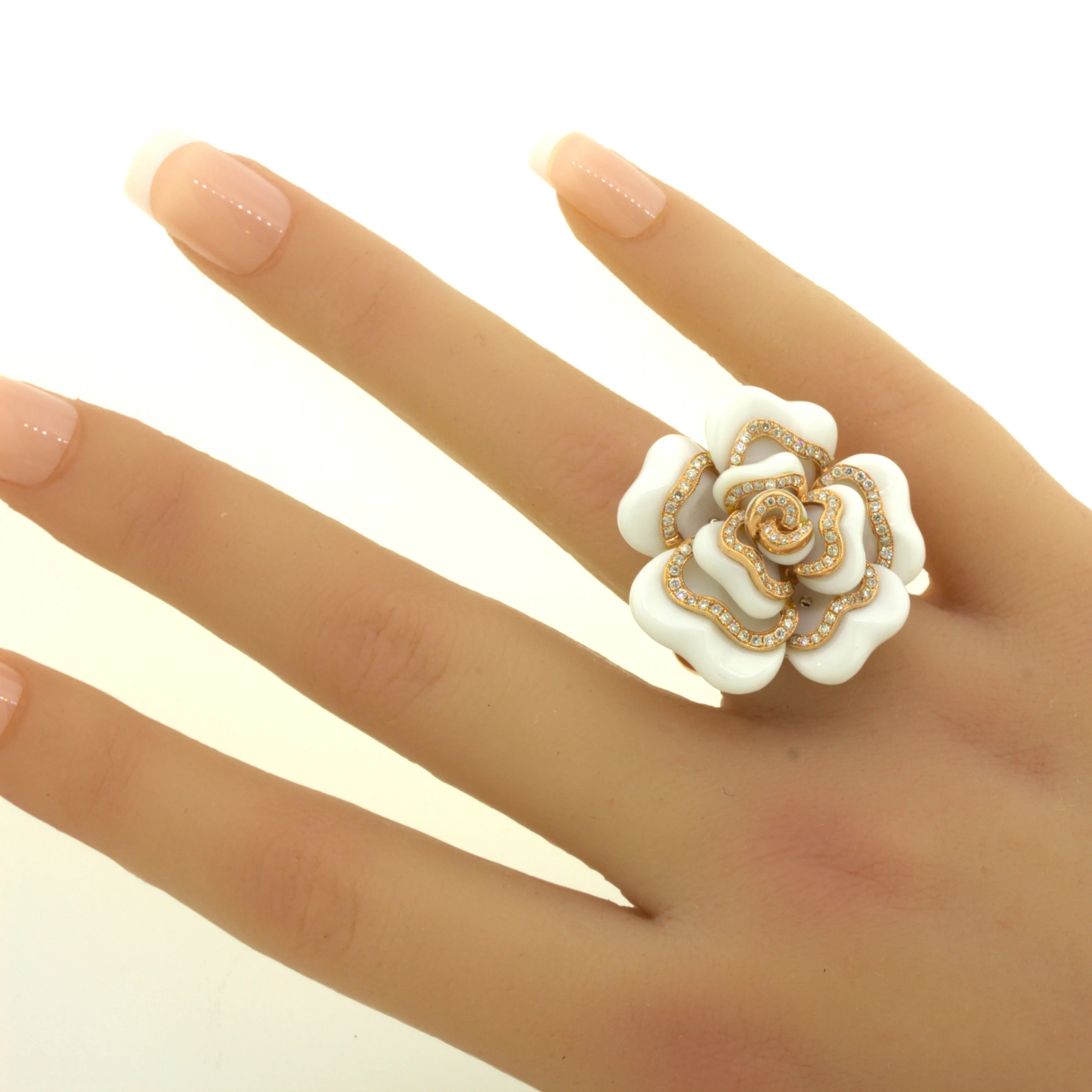 Diamond White-Onyx 18K Rose Gold Camellia Flower Cocktail Ring