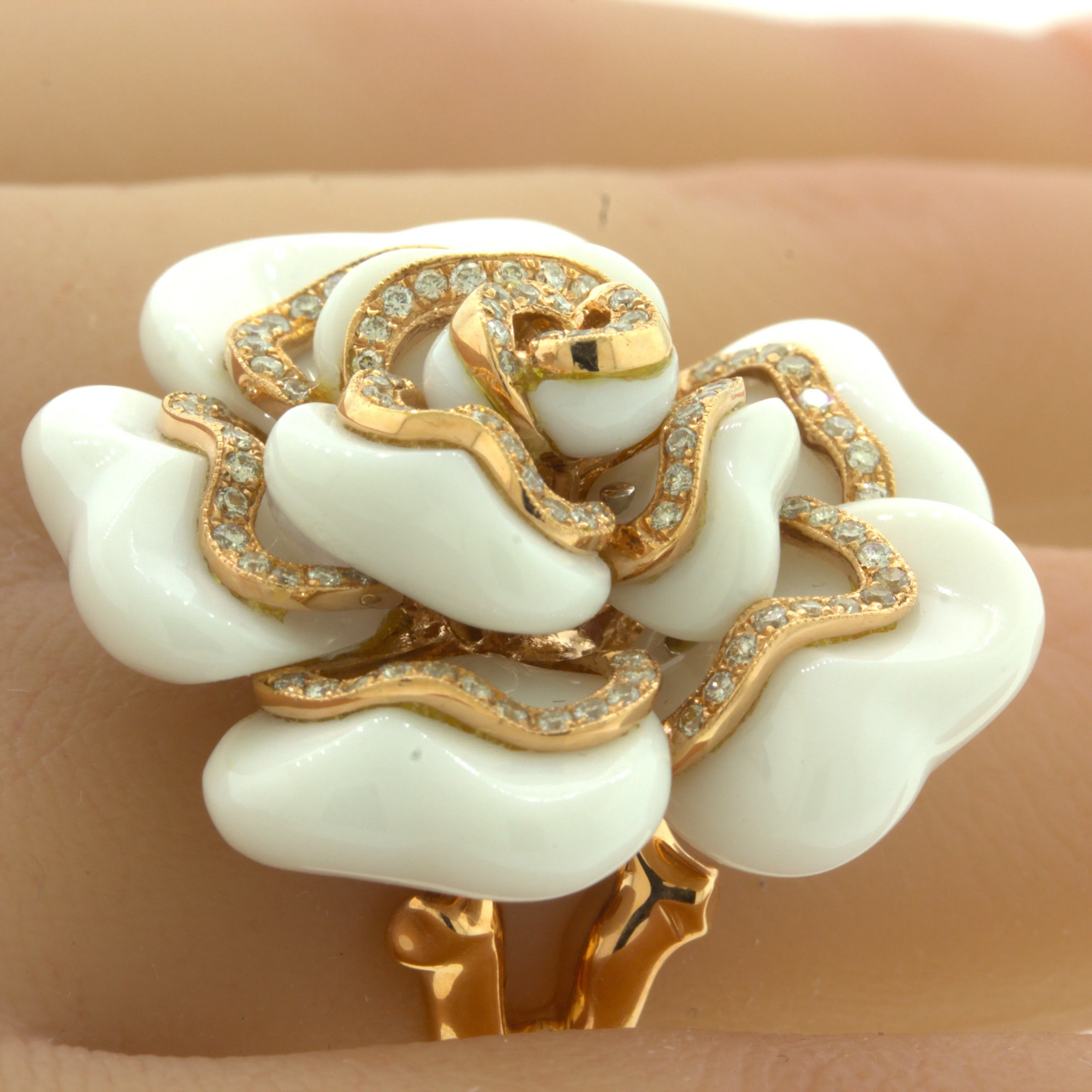 Diamond White-Onyx 18K Rose Gold Camellia Flower Cocktail Ring