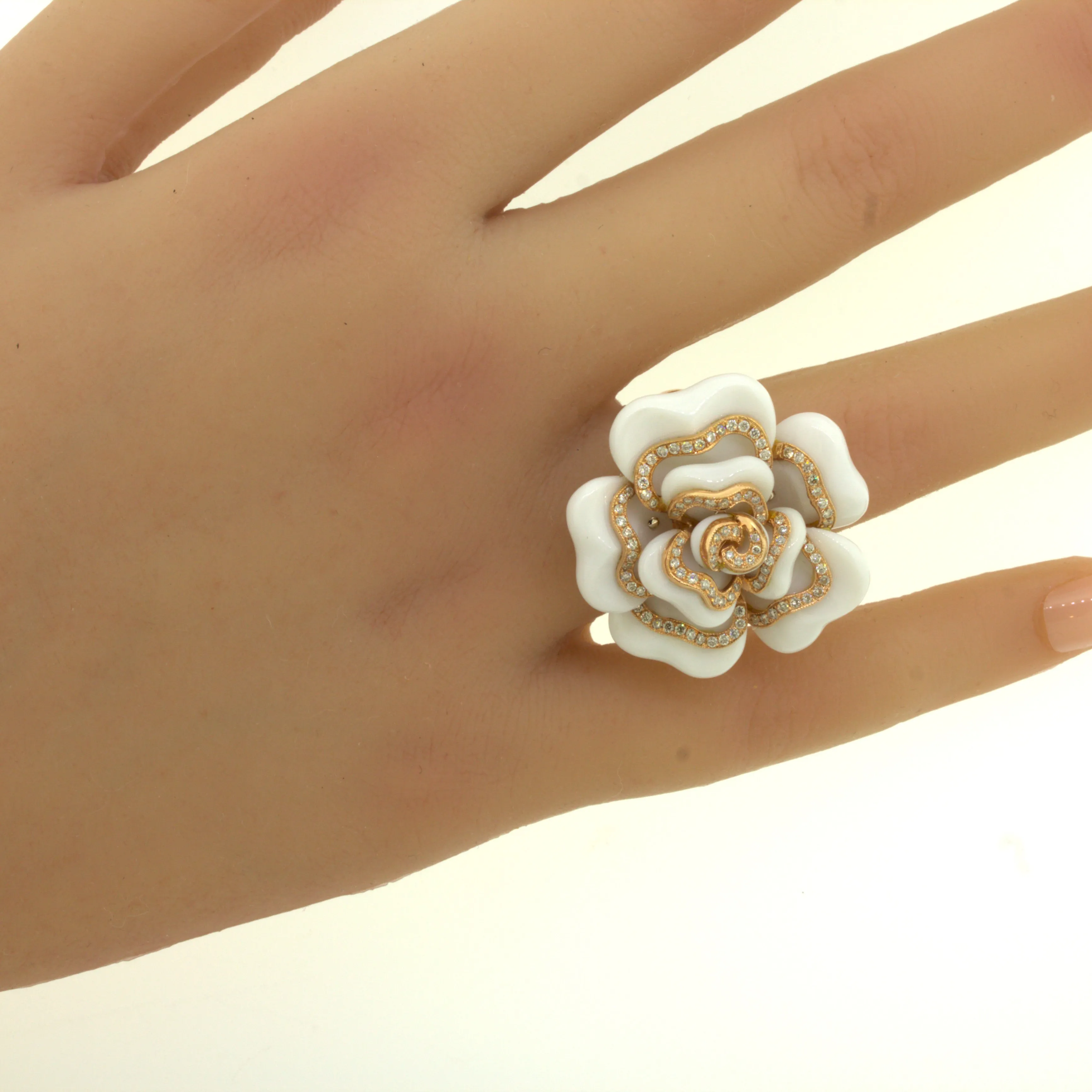 Diamond White-Onyx 18K Rose Gold Camellia Flower Cocktail Ring