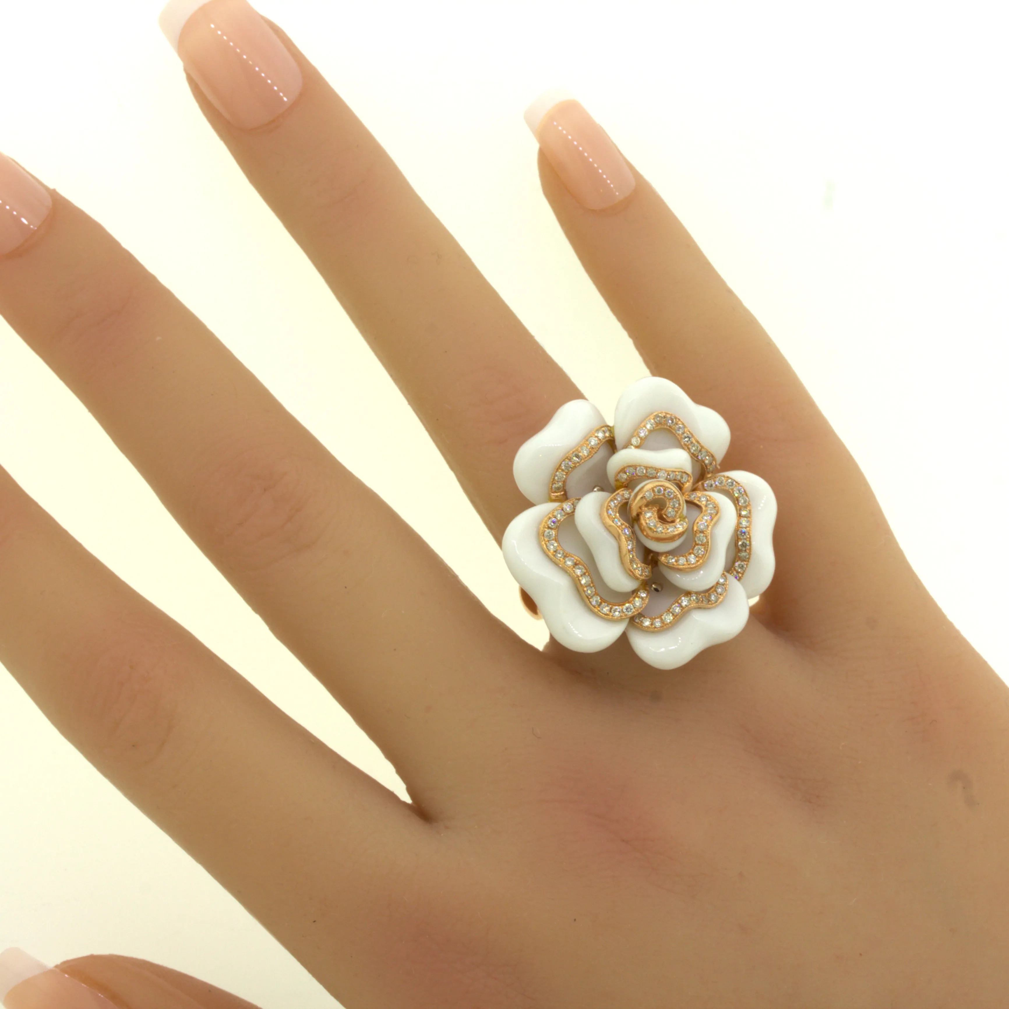 Diamond White-Onyx 18K Rose Gold Camellia Flower Cocktail Ring