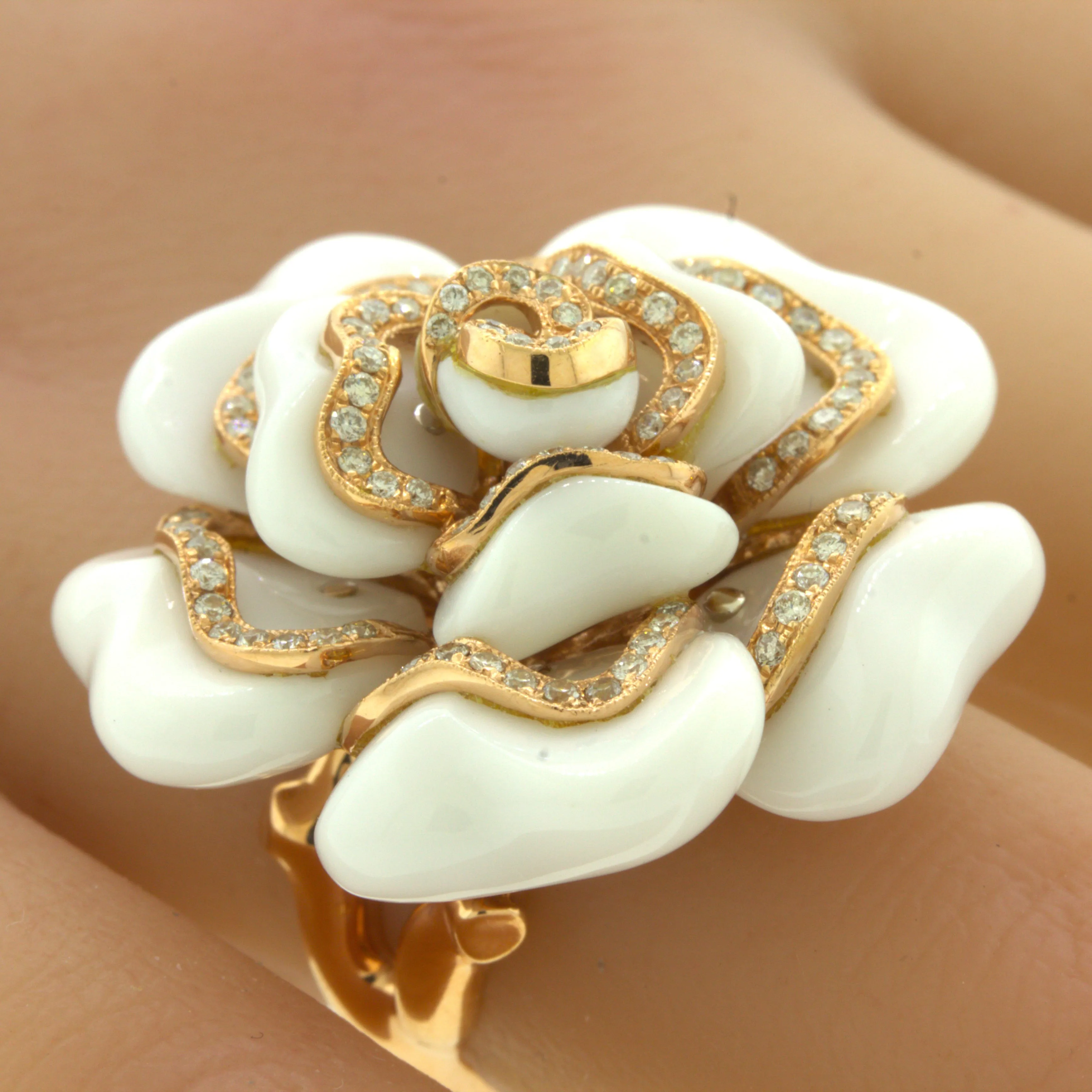 Diamond White-Onyx 18K Rose Gold Camellia Flower Cocktail Ring