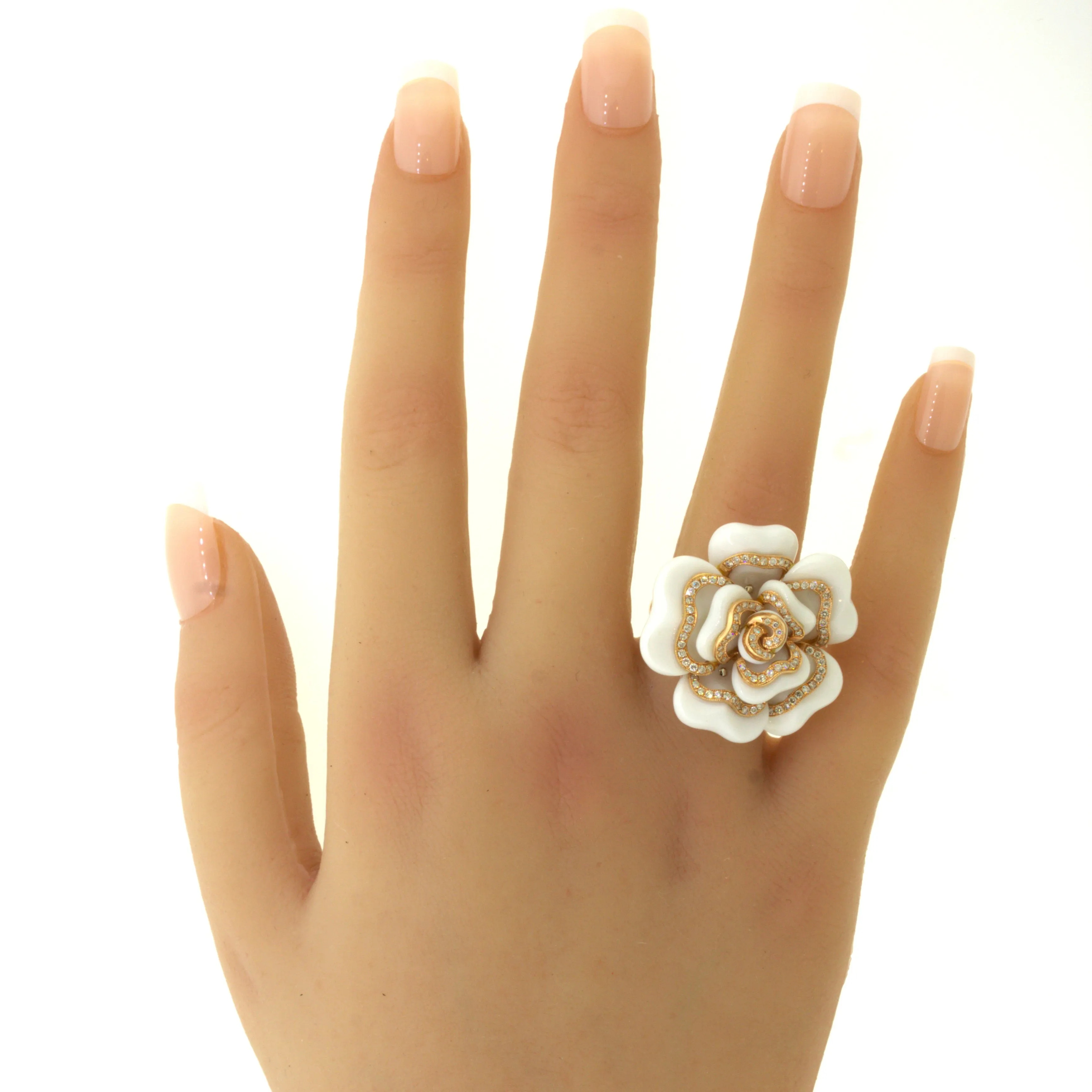Diamond White-Onyx 18K Rose Gold Camellia Flower Cocktail Ring