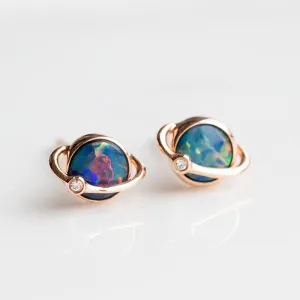 Earth Moon Design Australian Doublet Opal & Diamond Stud Earrings 18K Rose Gold
