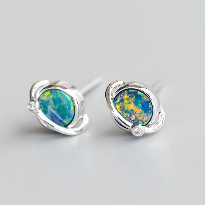 Earth Moon Design Australian Doublet Opal & Diamond Stud Earrings 18K Rose Gold