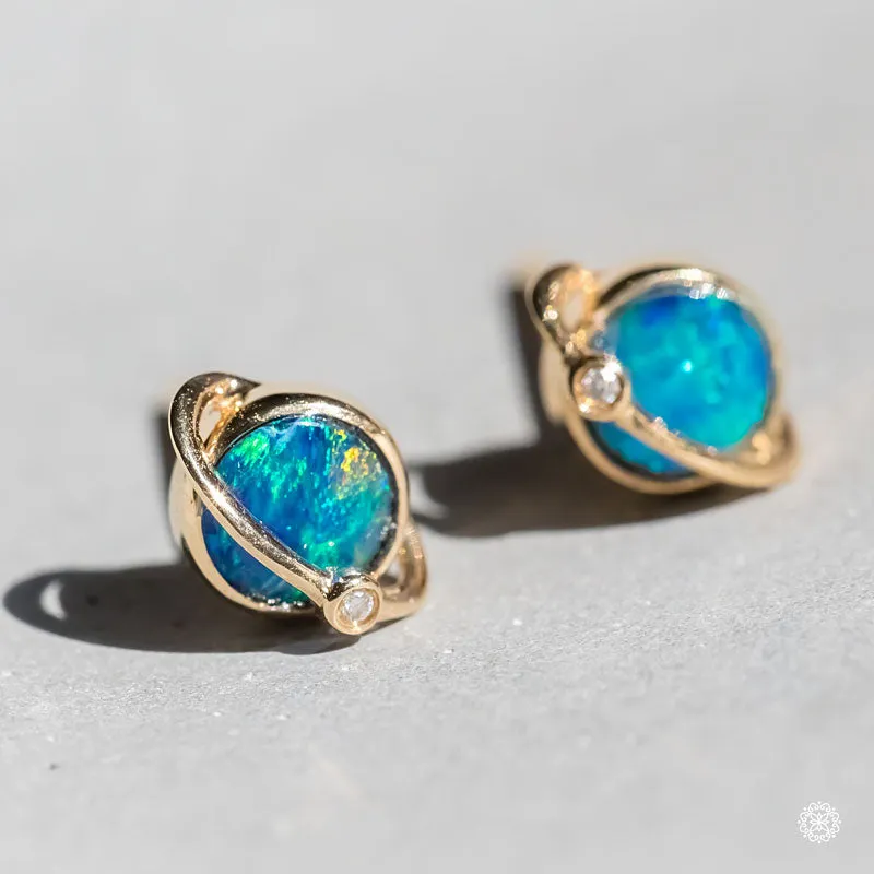 Earth Moon Design Australian Doublet Opal & Diamond Stud Earrings 18K Rose Gold