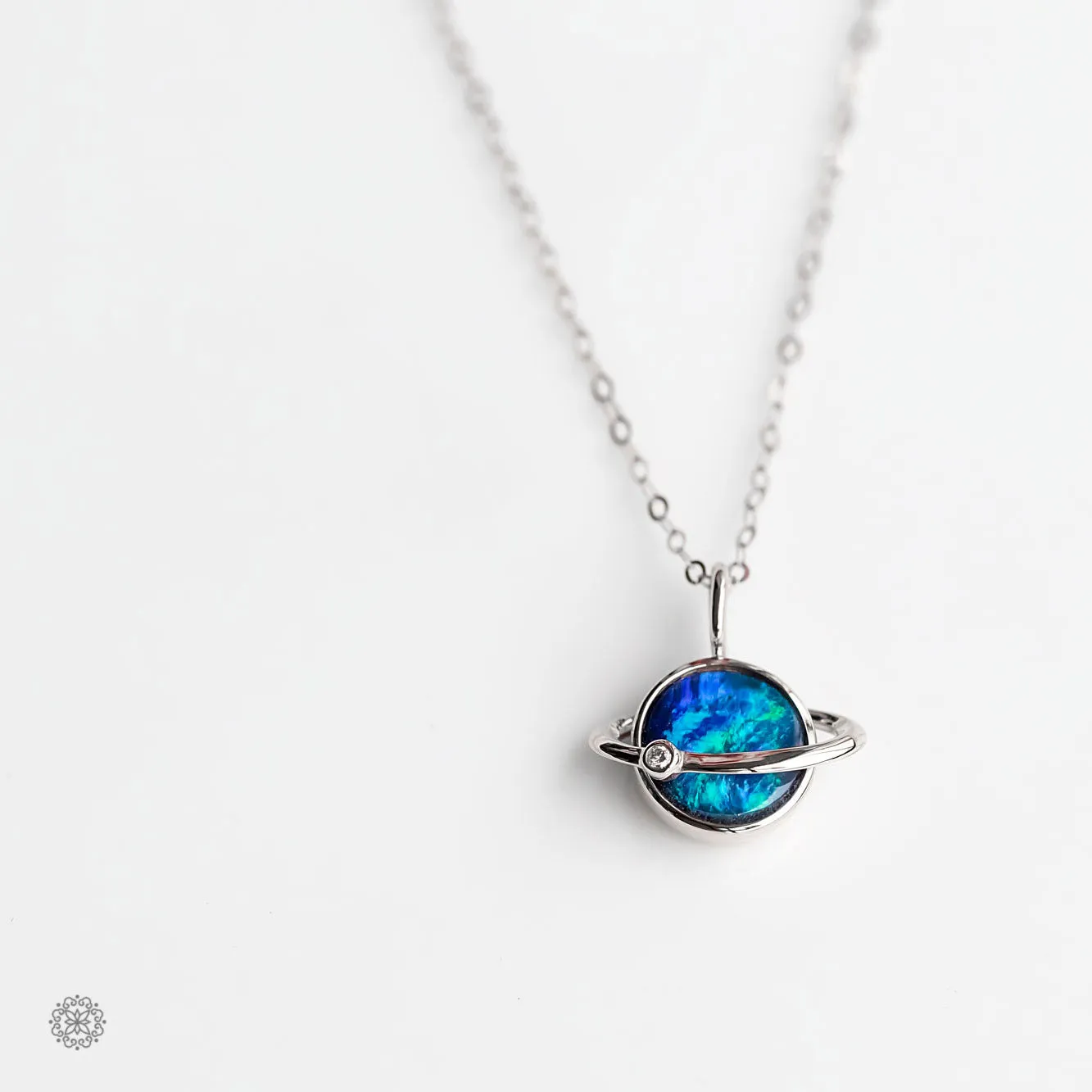 Earth Moon Design Doublet Opal & Diamond Pendant Necklace 18K Rose Gold