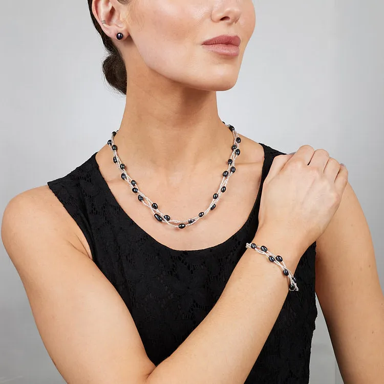 Elegant Freshwater Black Pearl Necklace Bracelet Earrings Jewellery Set