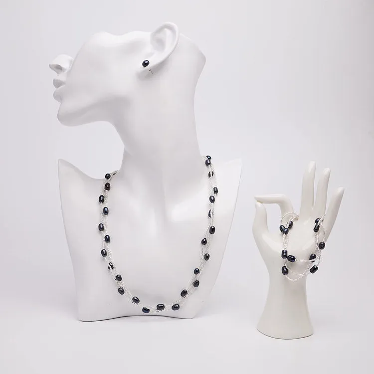 Elegant Freshwater Black Pearl Necklace Bracelet Earrings Jewellery Set