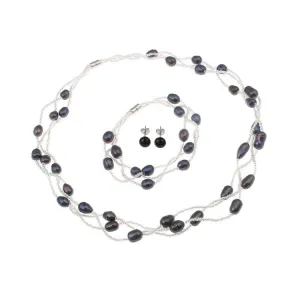 Elegant Freshwater Black Pearl Necklace Bracelet Earrings Jewellery Set