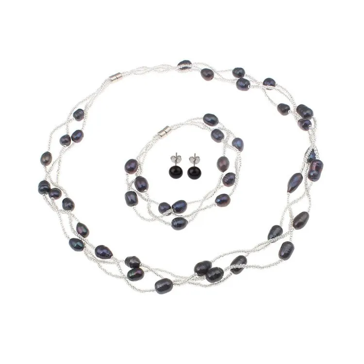 Elegant Freshwater Black Pearl Necklace Bracelet Earrings Jewellery Set