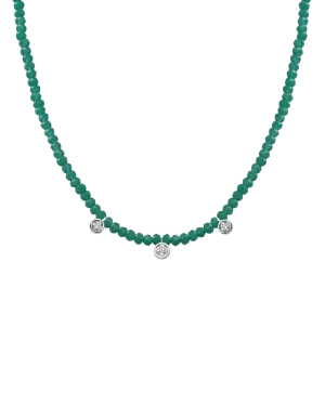 Emerald Gemstone & Three diamonds Necklace - 14K White Gold