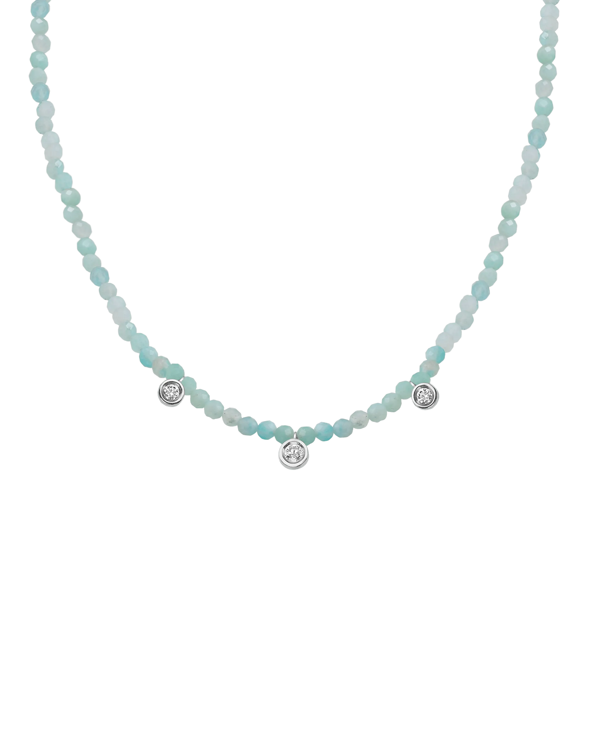 Emerald Gemstone & Three diamonds Necklace - 14K White Gold